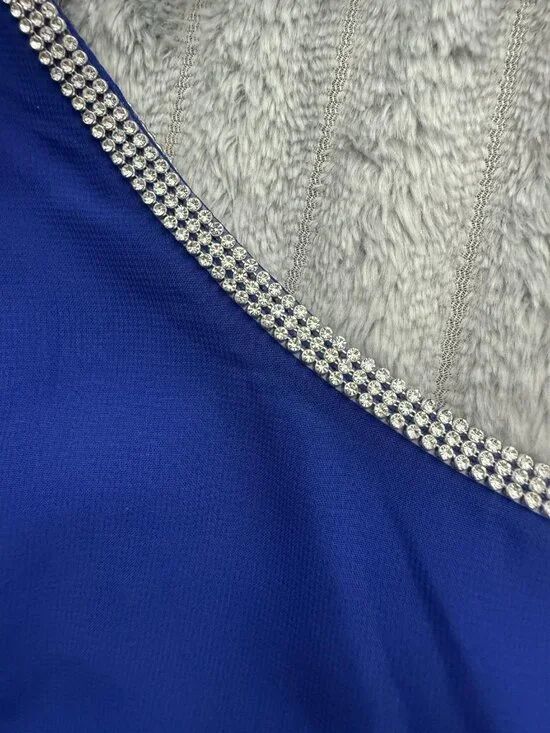 MSK Chiffon Sheath Rhinestone Trim Dress Womens M Royal Blue Asymmetric Cape - Picture 7 of 12